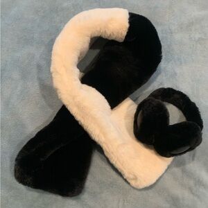 2pc set Faux Mink Winter Hat and Scarf Set Black White 48”x7”